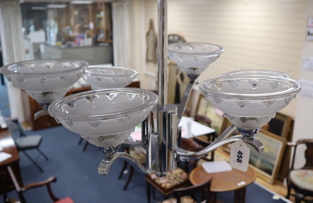 A French Art Deco style chrome plated and frosted glass six light electrolier, height 58cm width 64cm